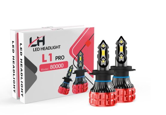 Premium Car Headlights LED headlight bulbs in a box, featuring two units with a black and red design.
