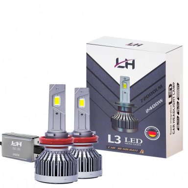 Premium Car Headlights LED headlight bulbs with packaging, labeled "L3 LED," featuring two bulbs and a control unit.
