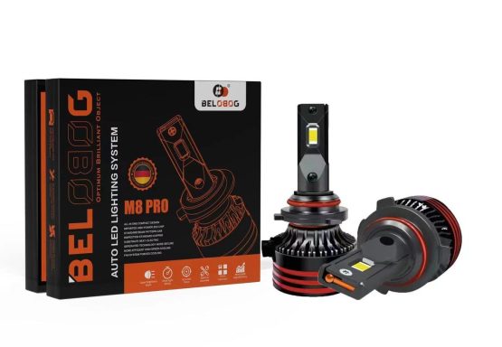 Premium Car Headlights LED headlight conversion kit with two bulbs and a black and orange box.